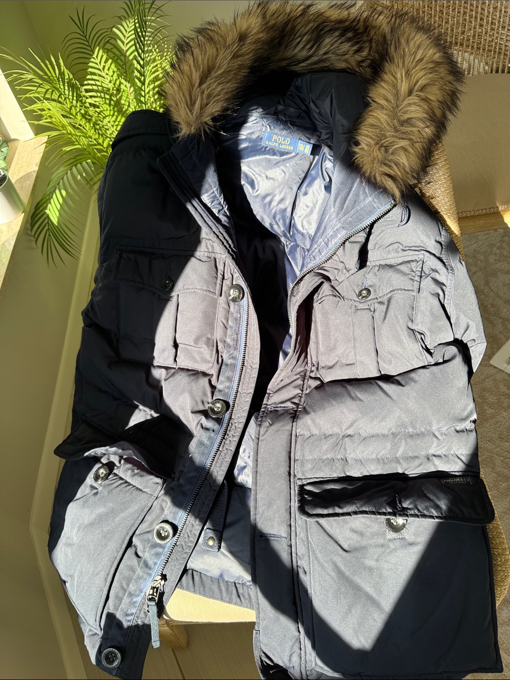 Polo by Ralph Lauren Navy Puffer Coat with Faux Fur Trim